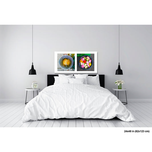 Sieve and Flowers artwork by Susan Bowen, shown as 24x48 print. Features a rusted metal colander and a bucket of discarded roses — an abstract diptych pairing industrial decay with organic beauty.