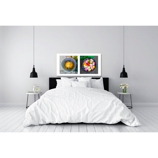Diptych photograph of found objects round in shape with flowers