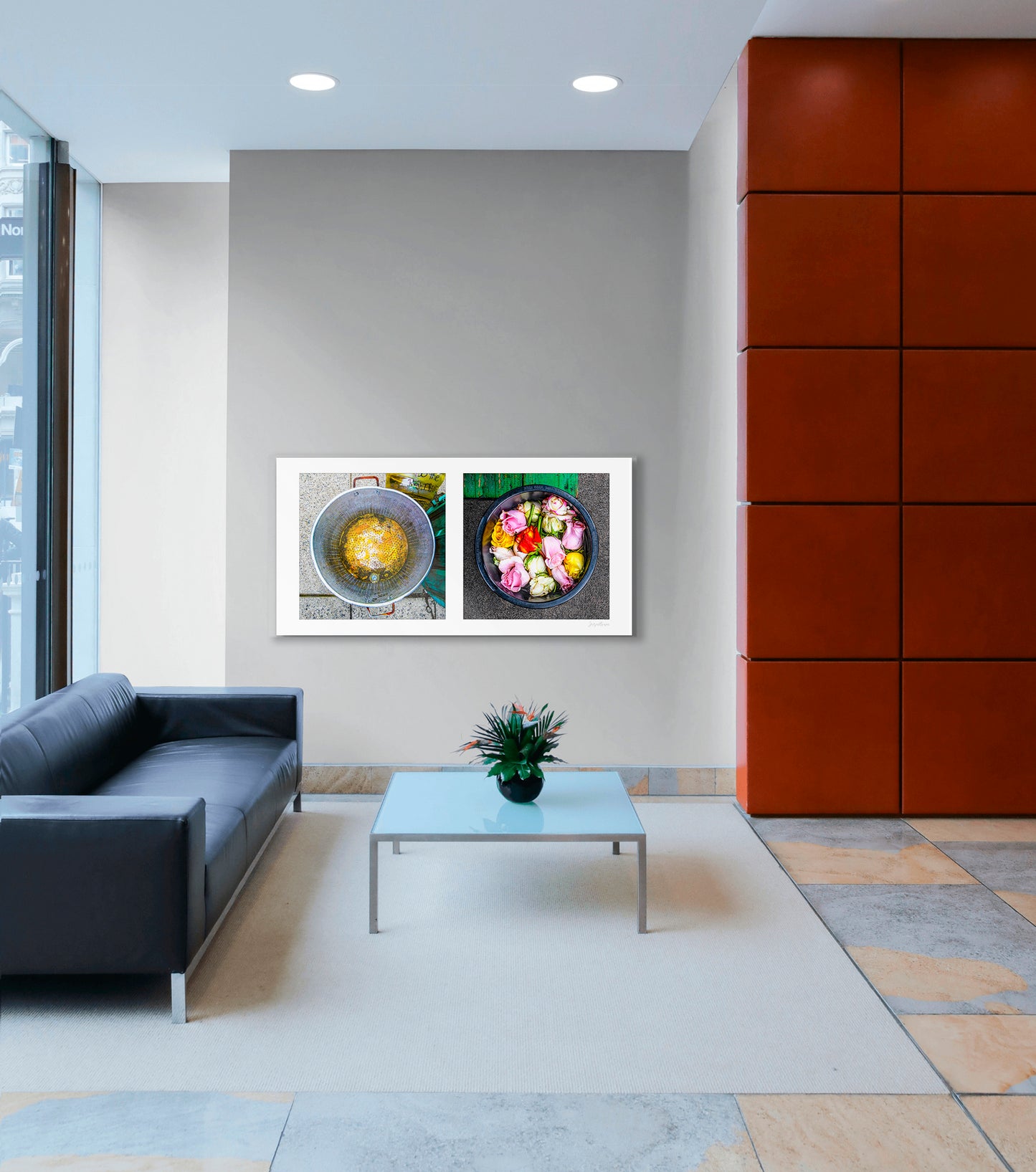 Diptych photograph of found objects round in shape with flowers