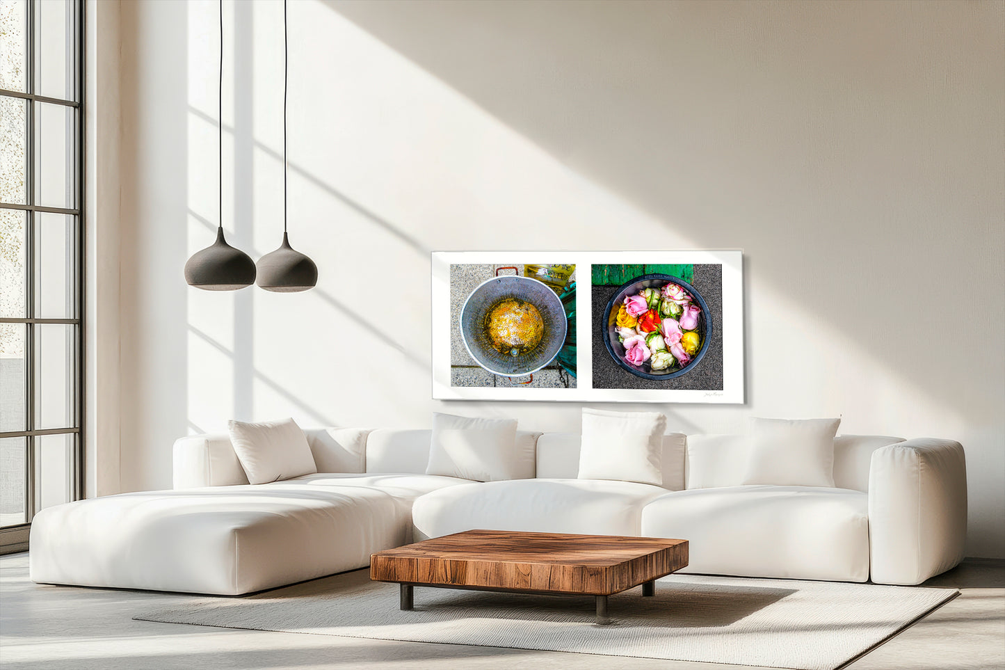 Diptych photograph of found objects round in shape with flowers