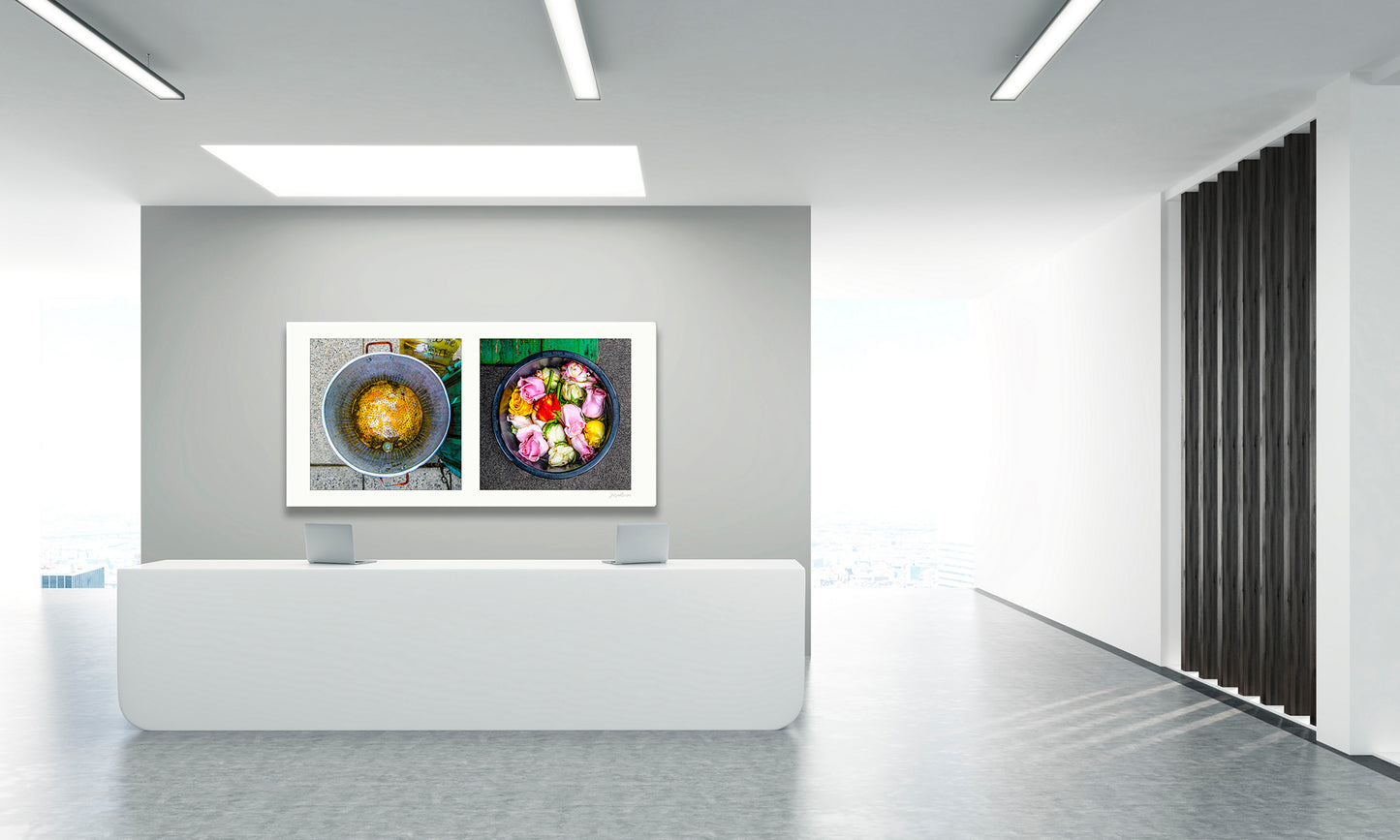 Diptych photograph of found objects round in shape with flowers