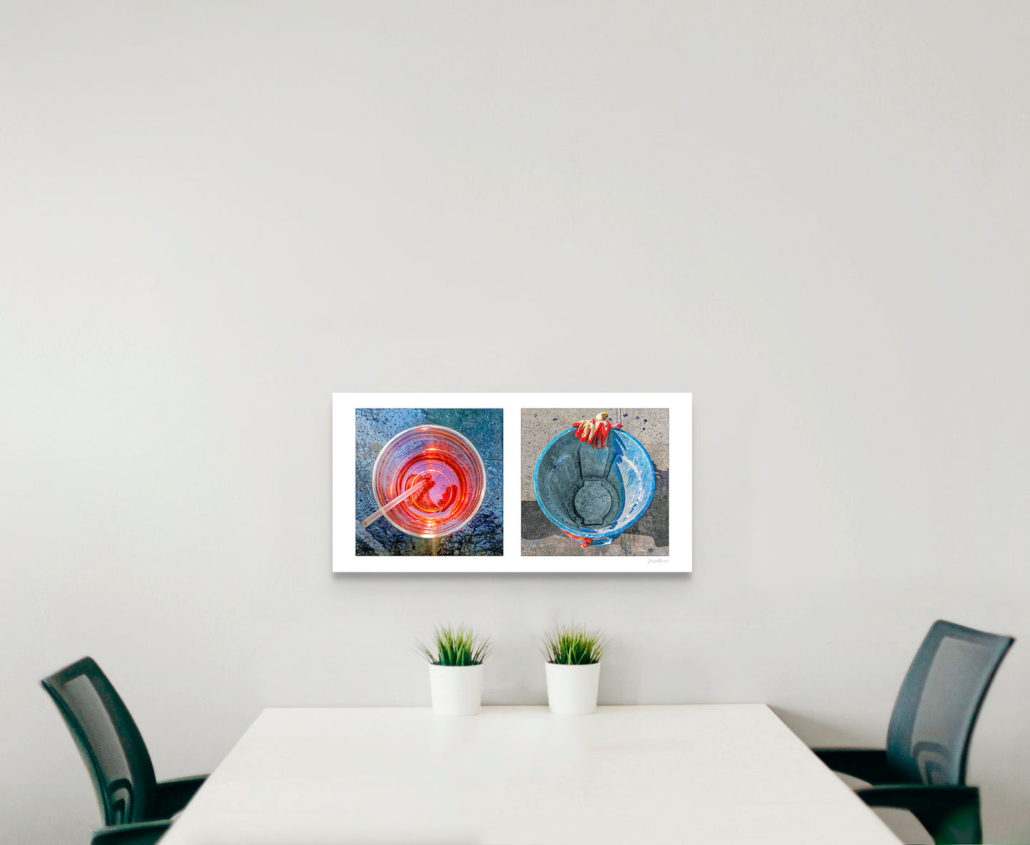Diptych photograph of found objects round in shape (red glass and blue trash can)