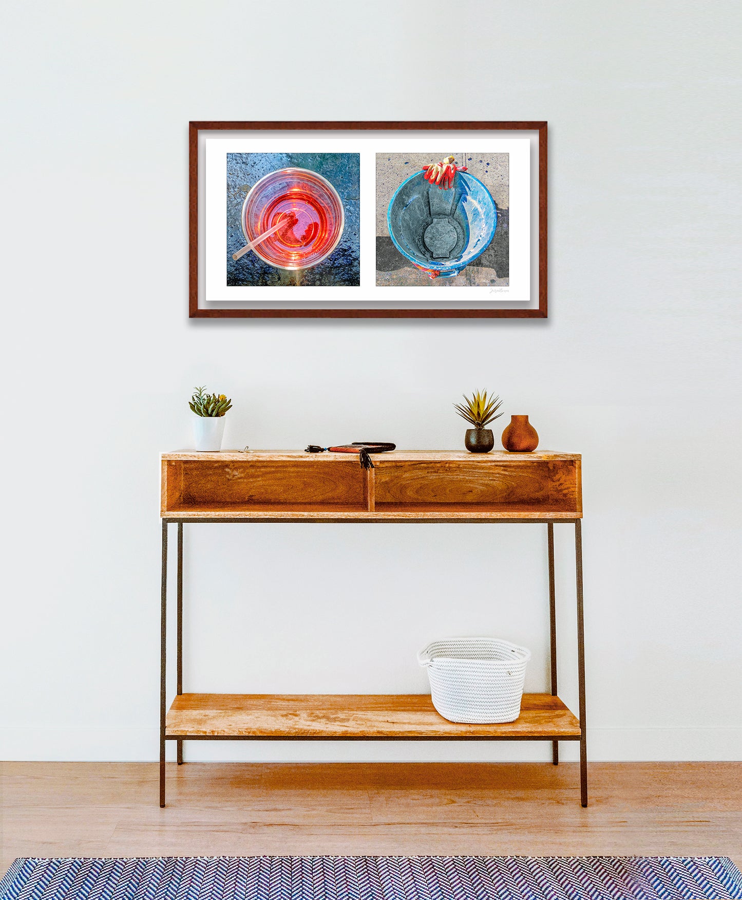 Diptych photograph of found objects round in shape (red glass and blue trash can)