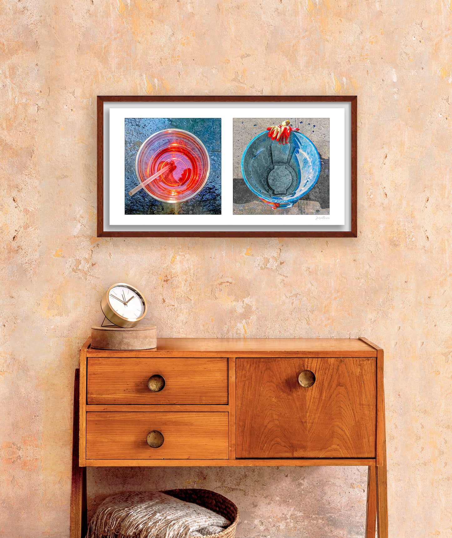 Diptych photograph of found objects round in shape (red glass and blue trash can)
