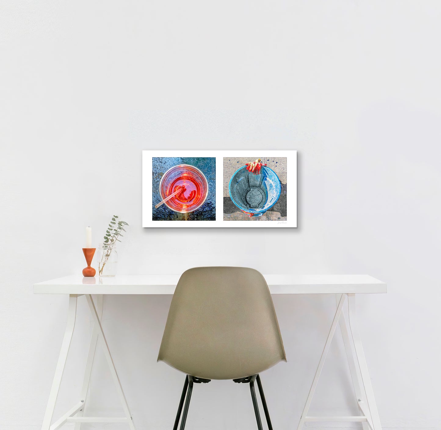 Diptych photograph of found objects round in shape (red glass and blue trash can)