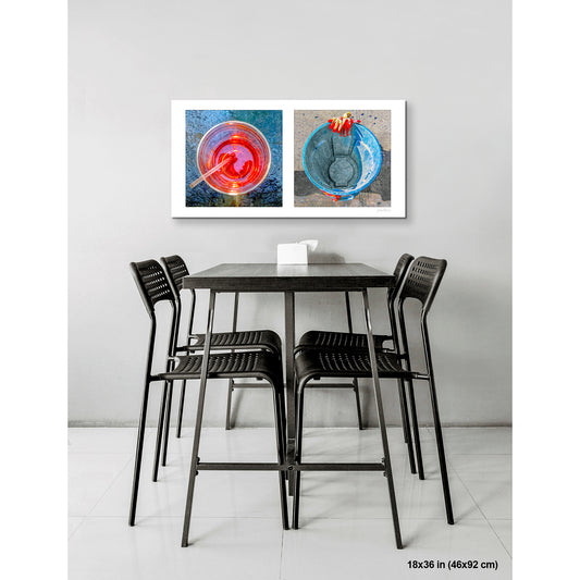 Red Glass and Blue Can artwork by Susan Bowen, shown as 18x36 print. Features a glowing red drink and a blue construction bucket photographed top-down — a vivid abstract diptych of color and everyday form.