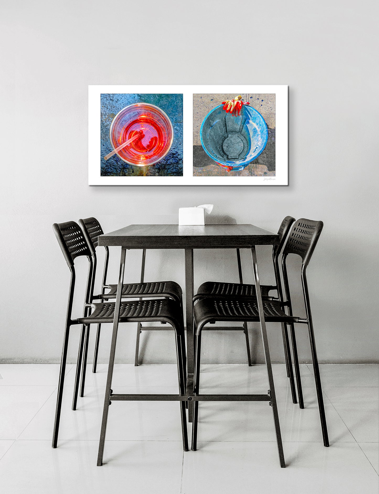 Diptych photograph of found objects round in shape (red glass and blue trash can)