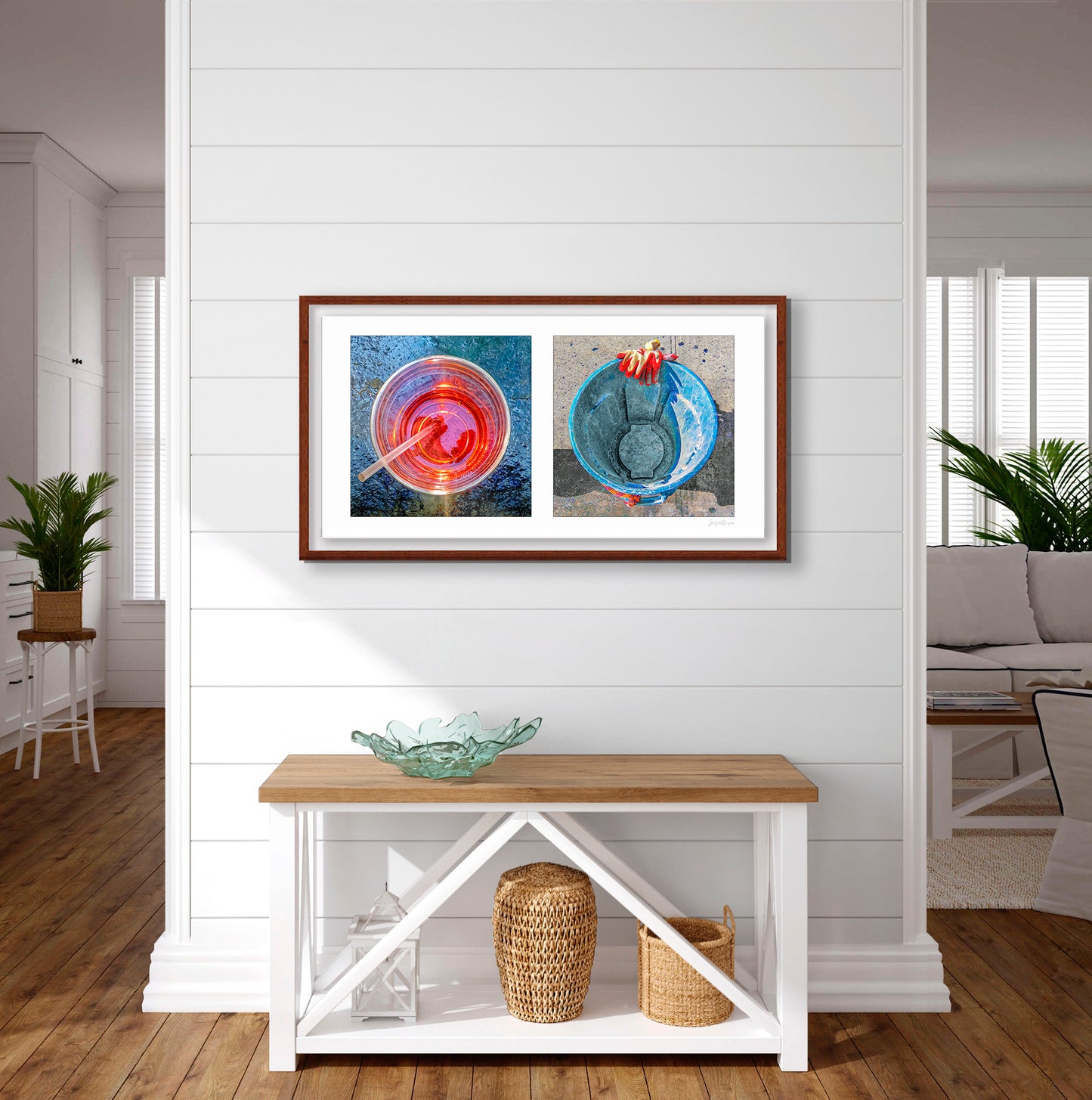 Diptych photograph of found objects round in shape (red glass and blue trash can)