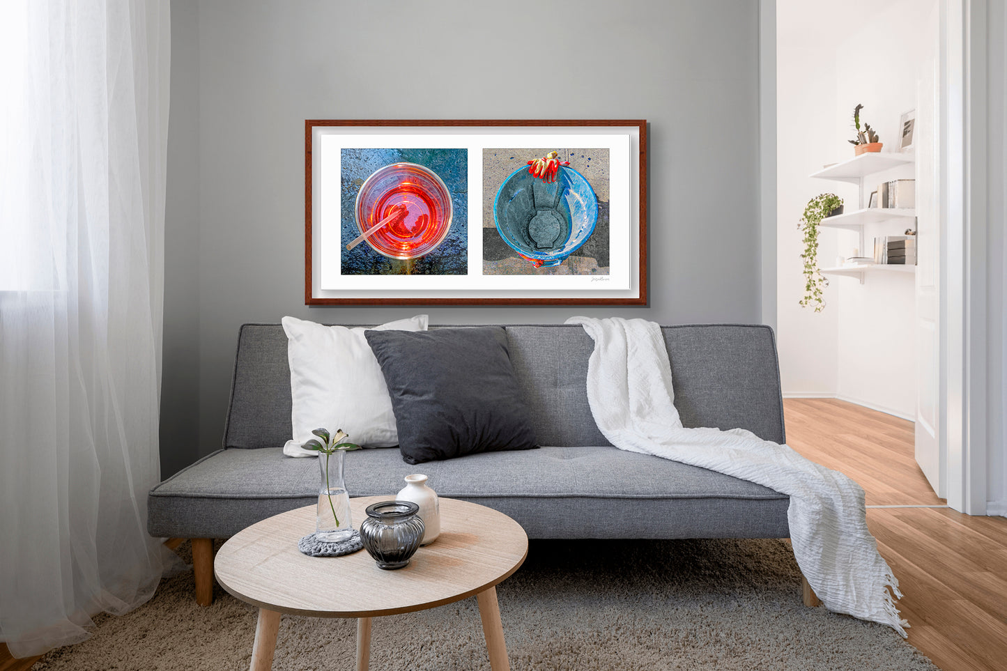 Diptych photograph of found objects round in shape (red glass and blue trash can)