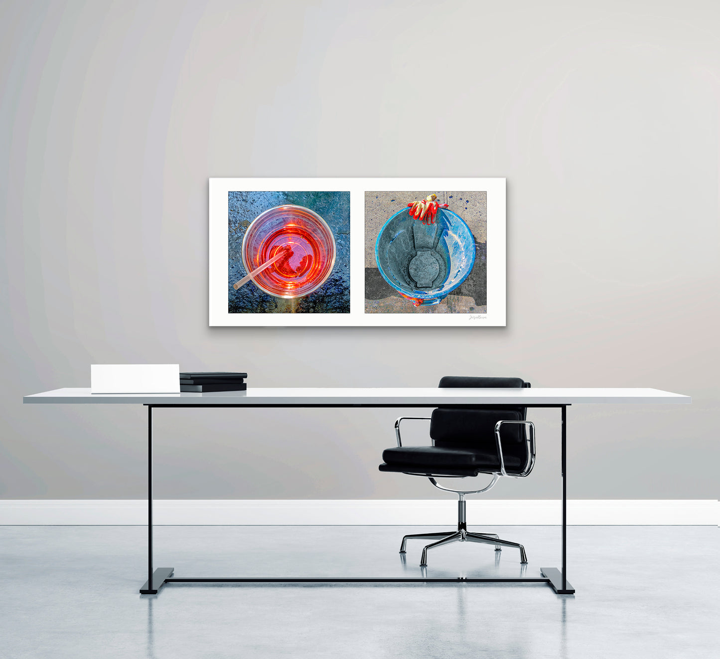 Diptych photograph of found objects round in shape (red glass and blue trash can)