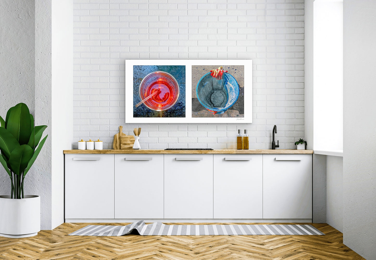 Diptych photograph of found objects round in shape (red glass and blue trash can)
