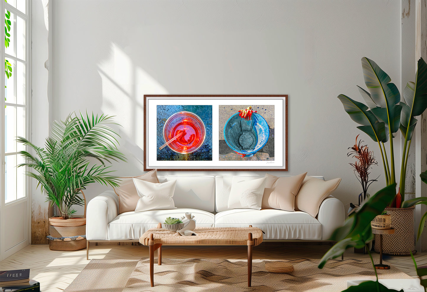 Diptych photograph of found objects round in shape (red glass and blue trash can)