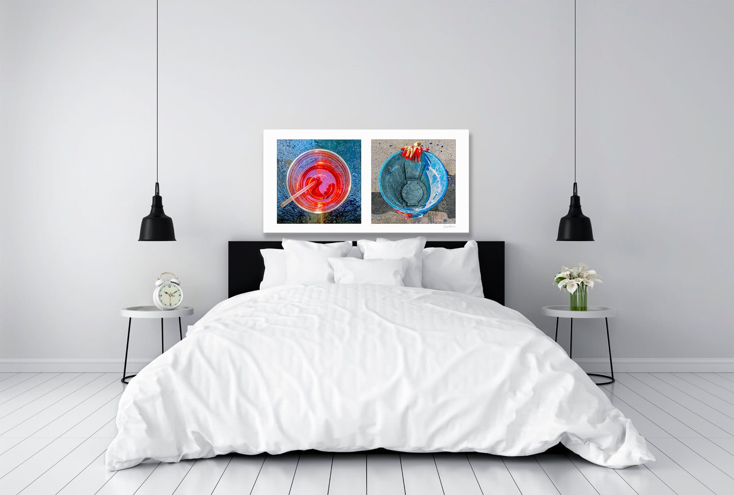 Diptych photograph of found objects round in shape (red glass and blue trash can)