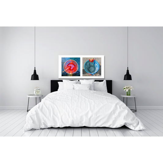 Diptych photograph of found objects round in shape (red glass and blue trash can)