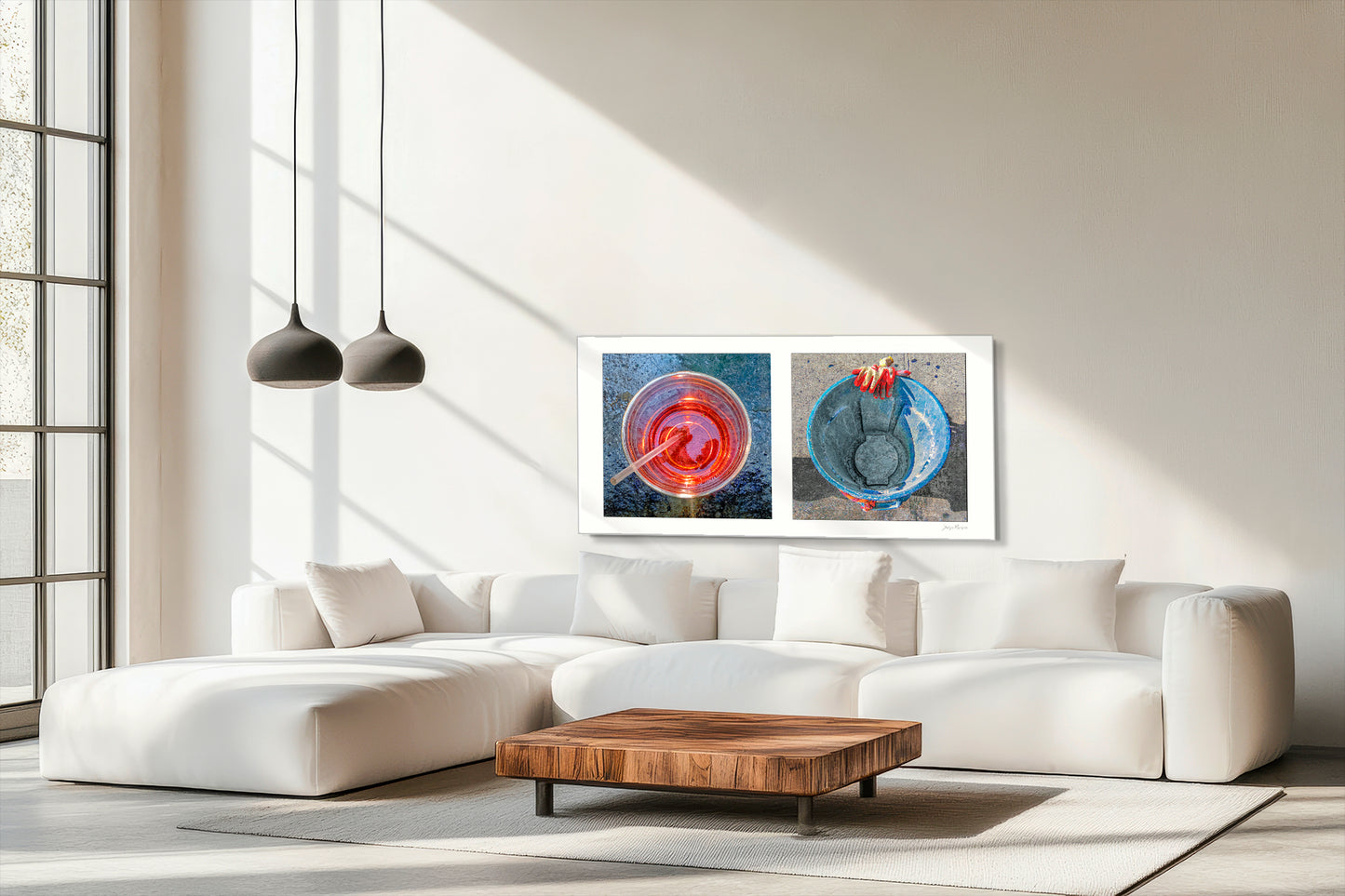 Diptych photograph of found objects round in shape (red glass and blue trash can)
