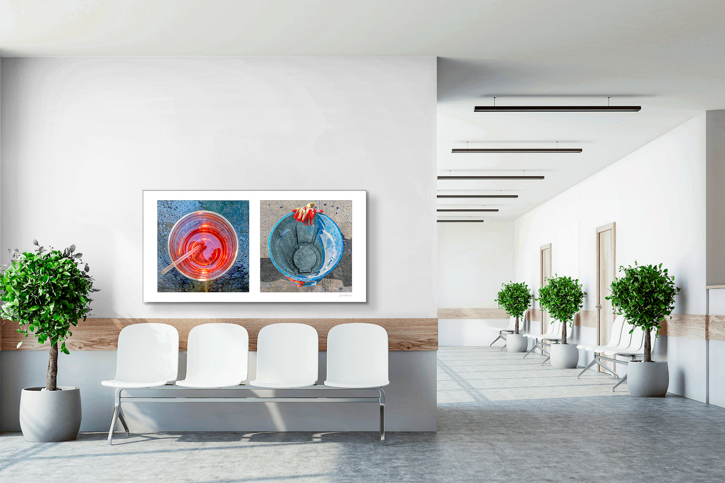 Diptych photograph of found objects round in shape (red glass and blue trash can)