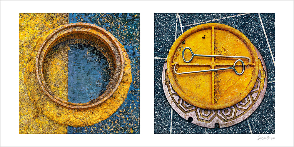 Diptych photograph of found objects round in shape (manhole covers)