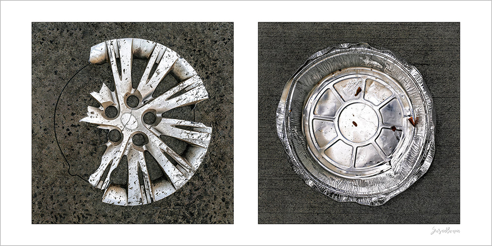 Diptych photograph of found objects round in shape (hubcap and pie pan)