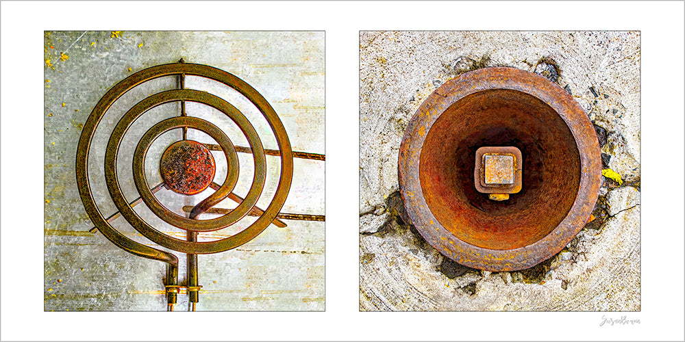 Diptych photograph of found objects round in shape (stove coil and rusty hole)