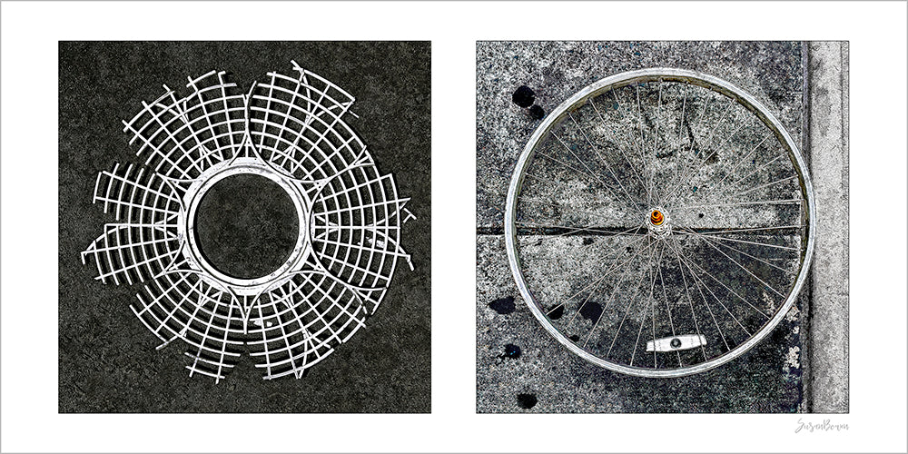 Diptych photograph of found objects round in shape (radiating lines)