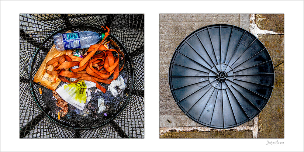 Diptych photograph of found objects round in shape with trash can