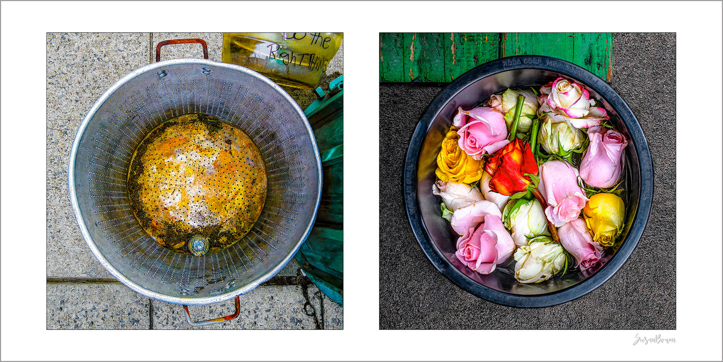 Diptych photograph of found objects round in shape with flowers