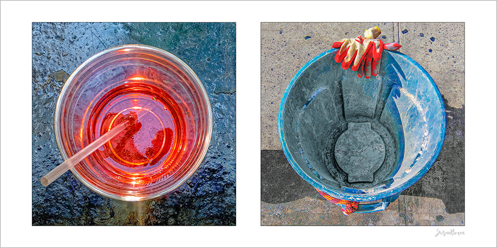 Diptych photograph of found objects round in shape (red glass and blue trash can)