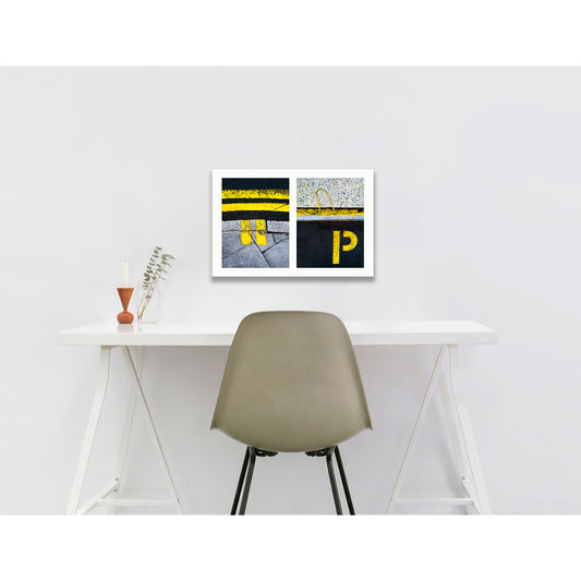 Abstract photograph diptych of yellow street lines