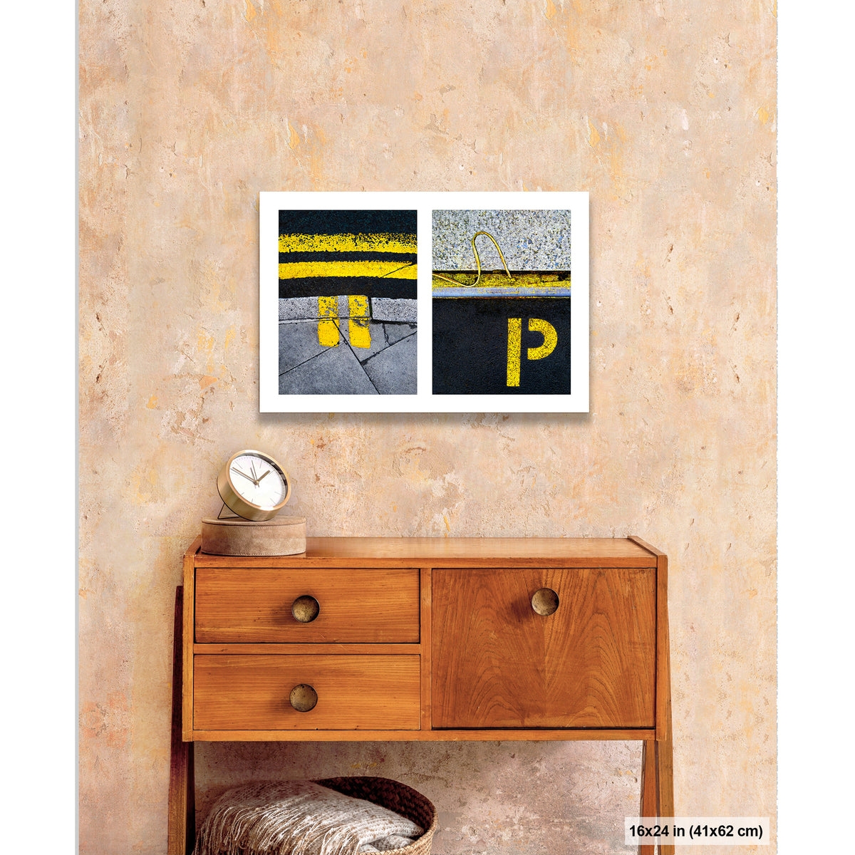 Yellow Markings and 'P' artwork by Susan Bowen, shown as 16x24 print. Features double yellow lines and a painted 'P' paired as bold, graphic urban street photography.