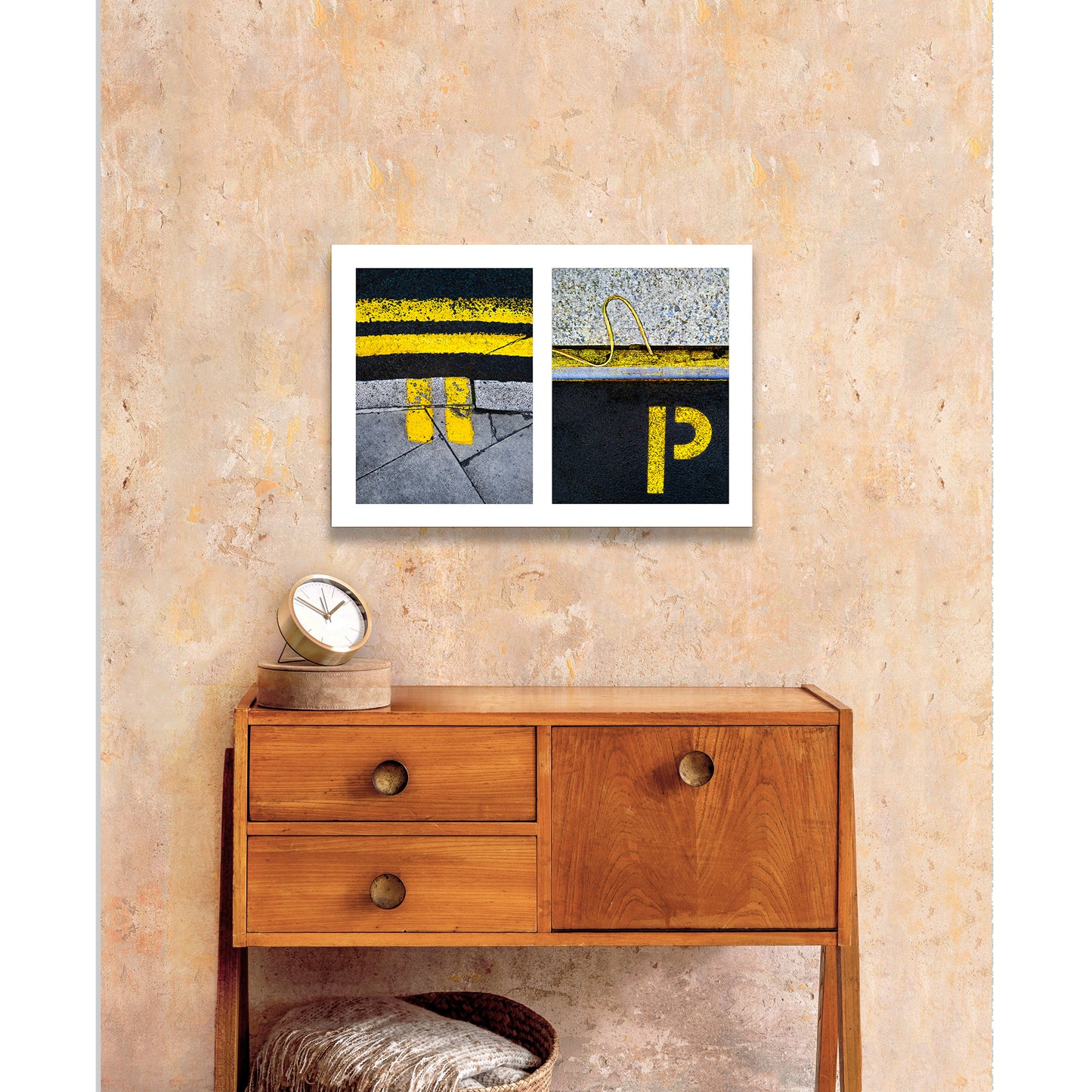 Abstract photograph diptych of yellow street lines