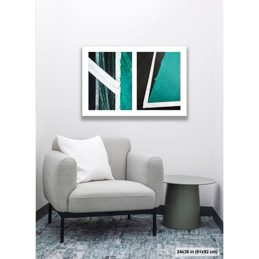 Green and White Angles artwork by Susan Bowen, shown as 24x36 print. Features white boundary lines and teal pavement markings form a bold angular street abstraction.