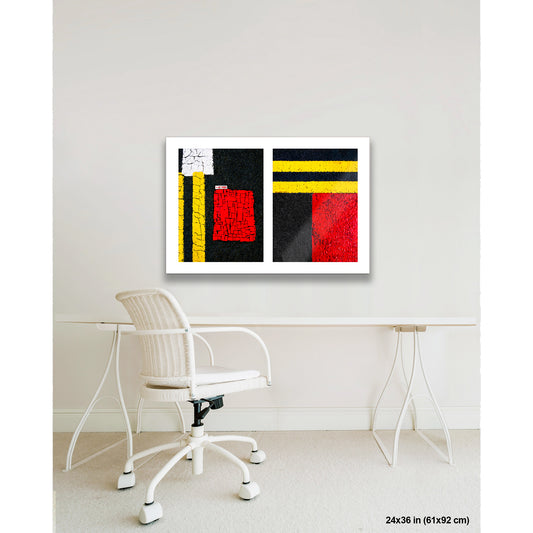 Red Squares and Yellow Lines artwork by Susan Bowen, shown as 24x36 print. Features cracked red pavement squares and double yellow lines create vivid color contrast in urban street photography.