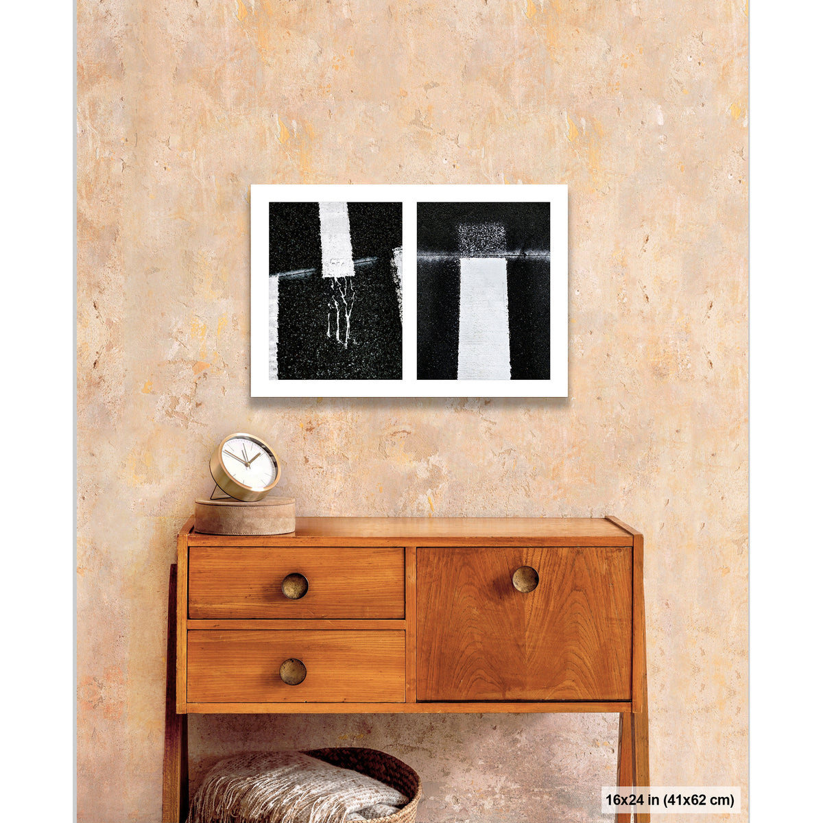 Drips Conversing artwork by Susan Bowen, shown as 16x24 print. Features curved road text and yellow lines captured as dynamic, graphic urban street photography.