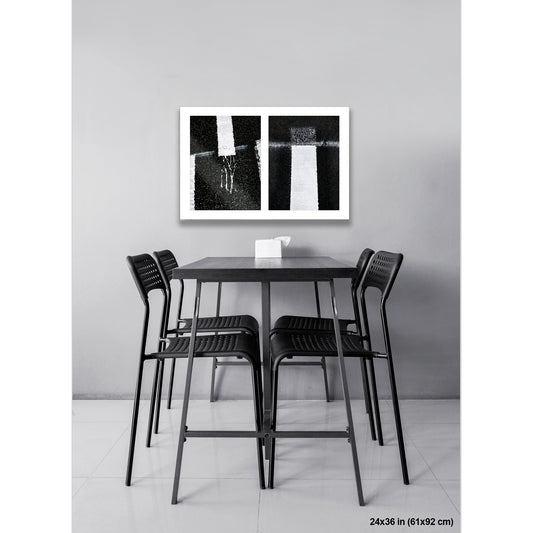 Drips Conversing artwork by Susan Bowen, shown as 24x36 print. Features white road paint drips and overspray captured as high-contrast studies of process and imperfection.