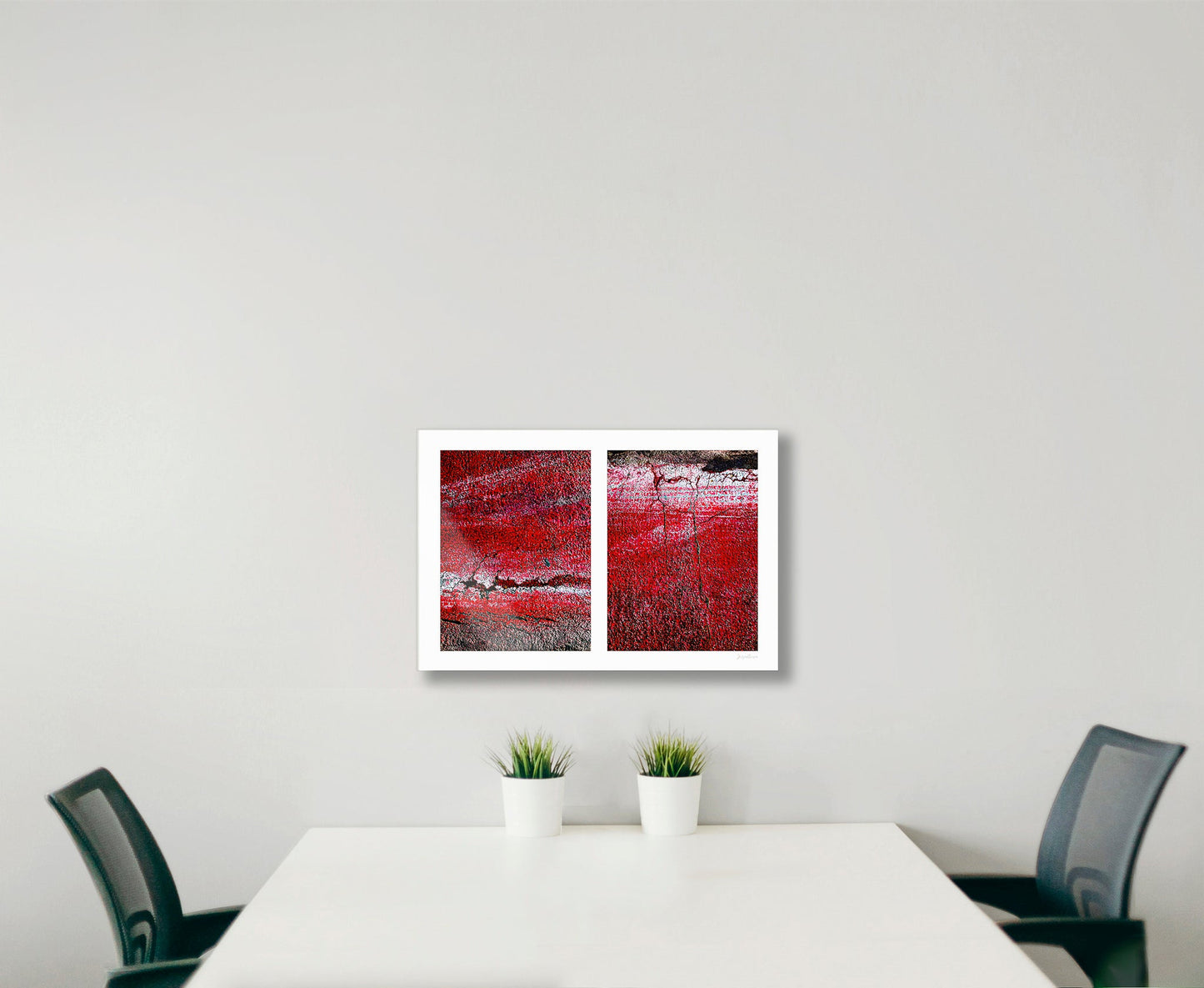 Abstract photograph diptych of red road surfaces