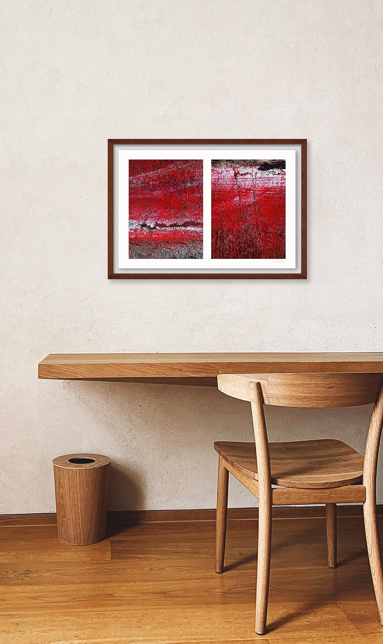 Abstract photograph diptych of red road surfaces