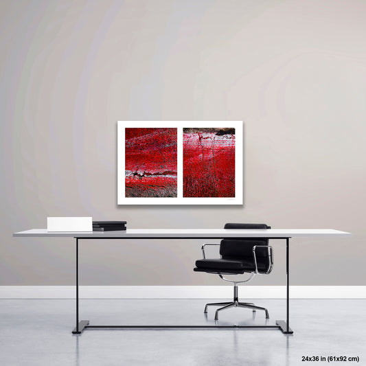 Maroon with Cracks Abstract artwork by Susan Bowen, shown as 24x36 print. Features abstract diptych of maroon bus lane asphalt, deep fractures, and layered paint evoking geological erosion and urban decay.