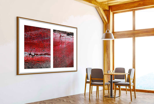 Abstract photograph diptych of red road surfaces