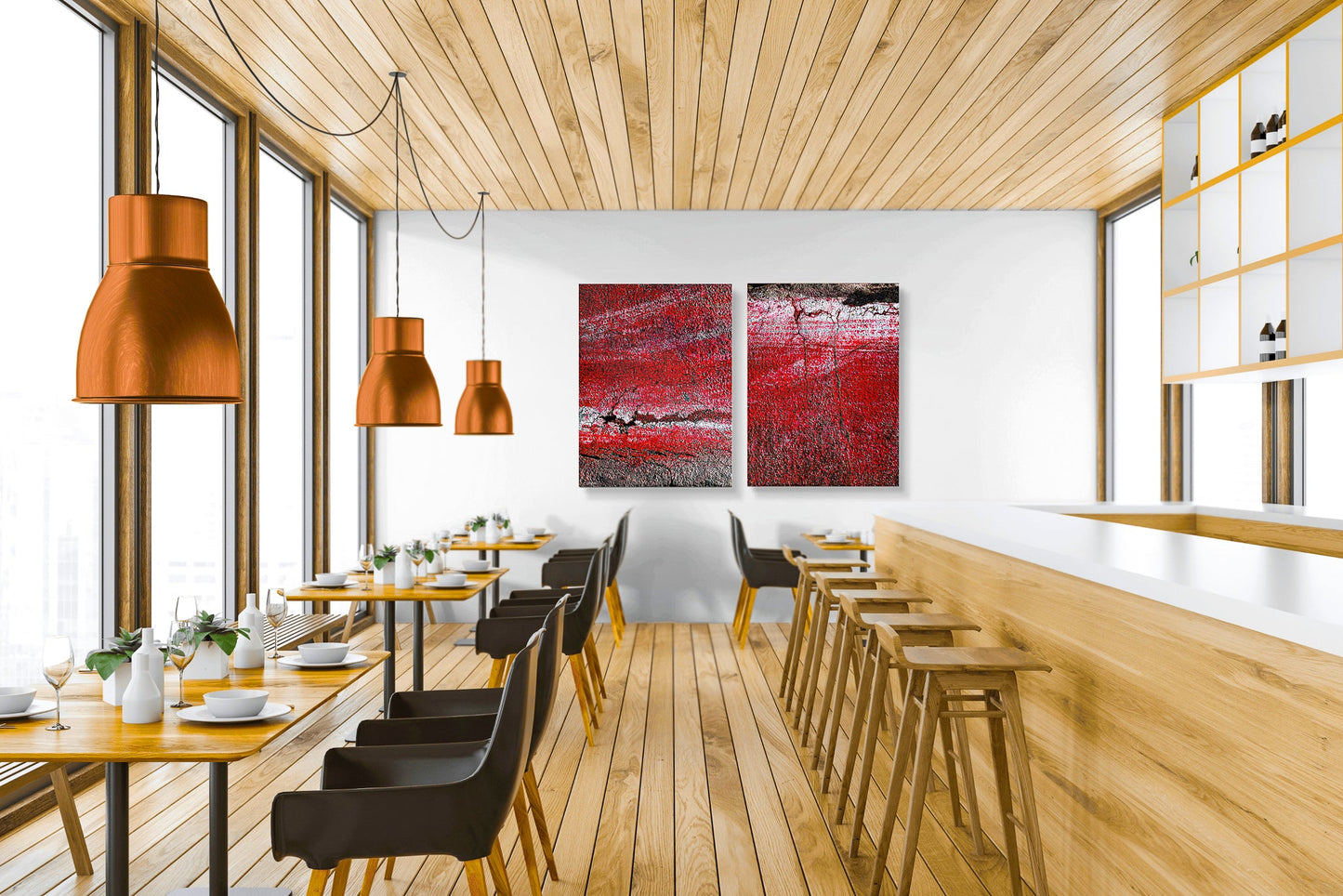 Abstract photograph diptych of red road surfaces
