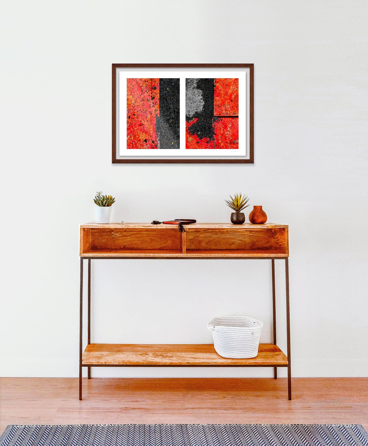 Abstract photograph diptych of red road steel plates