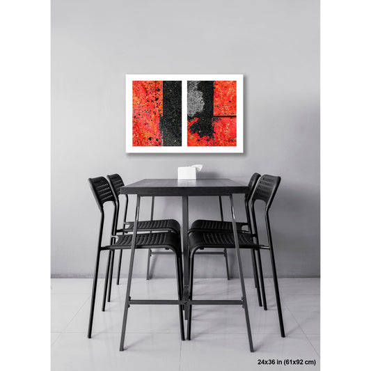 Macadam and Steel artwork by Susan Bowen, shown as 24x36 print. Features red macadam and industrial steel road plates compose a bold abstract diptych of geometry, texture, and urban material.