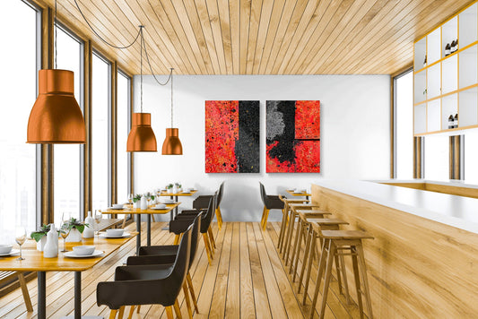 Abstract photograph diptych of red road steel plates