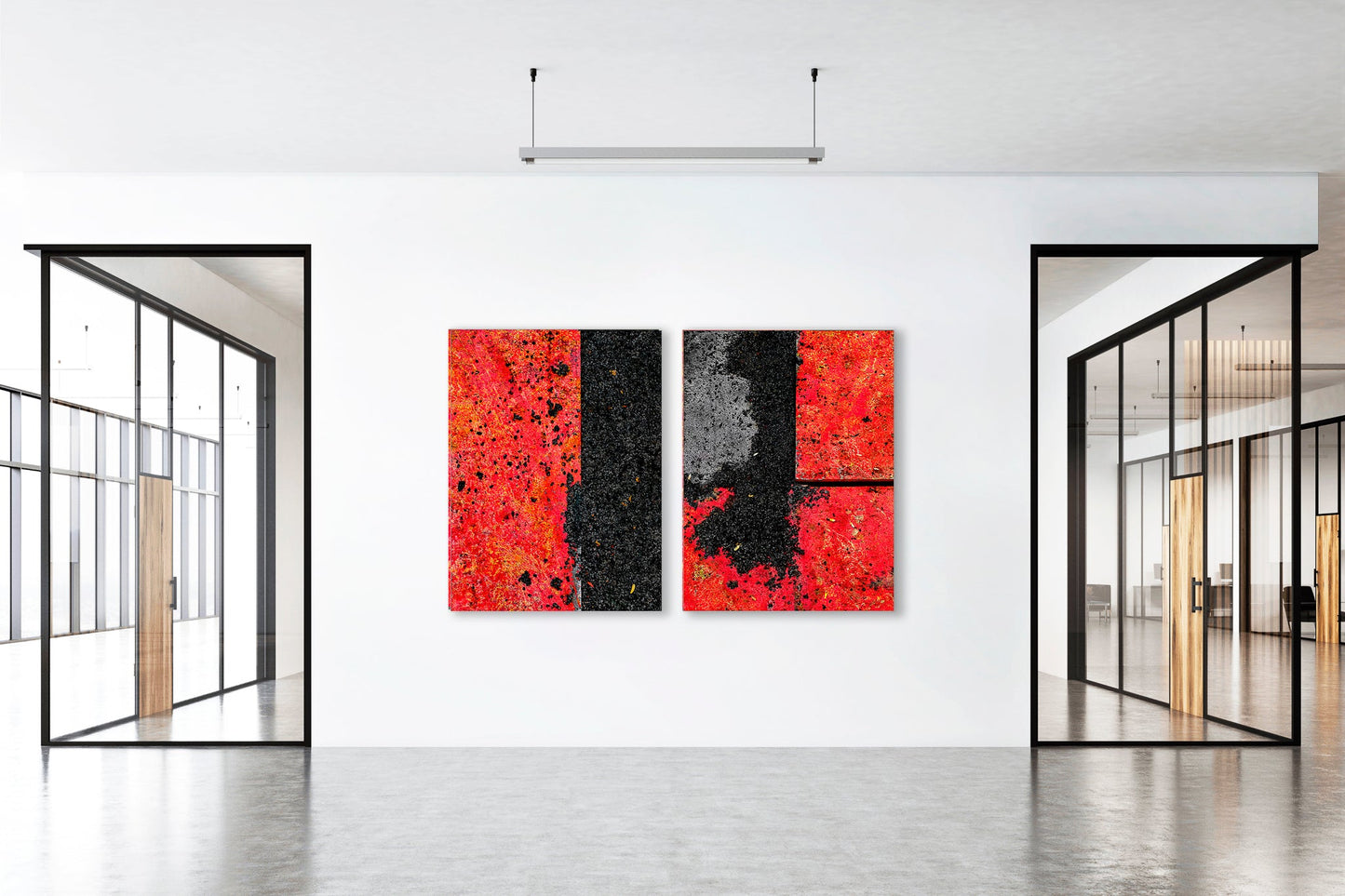 Abstract photograph diptych of red road steel plates