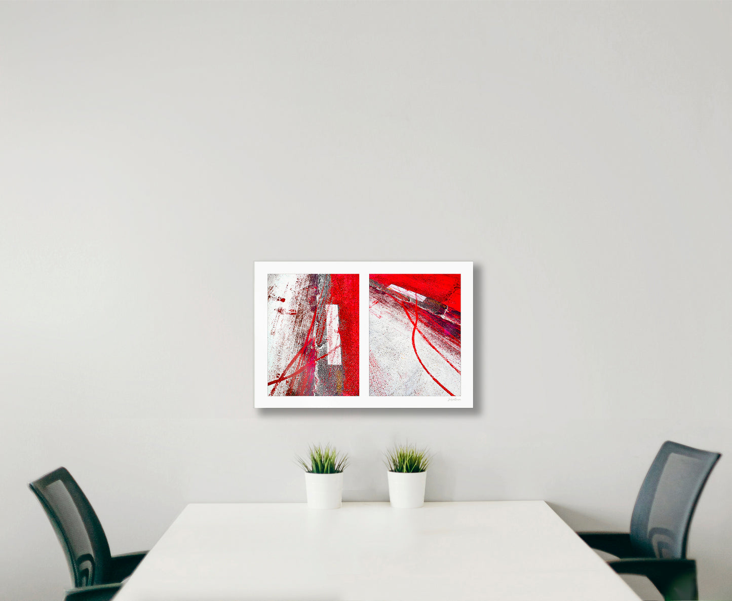 Abstract photograph diptych of red tire tracks and white lines