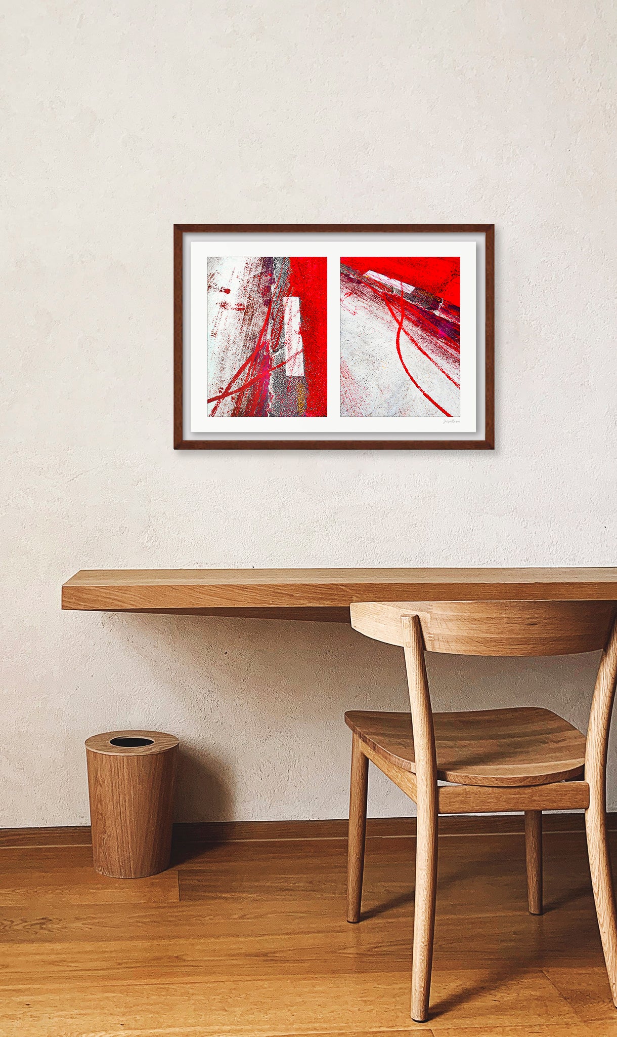Abstract photograph diptych of red tire tracks and white lines