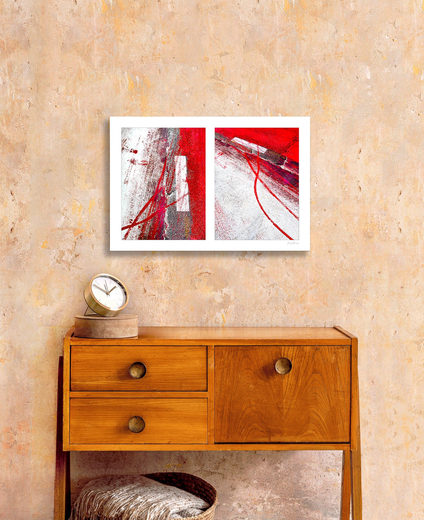 Abstract photograph diptych of red tire tracks and white lines