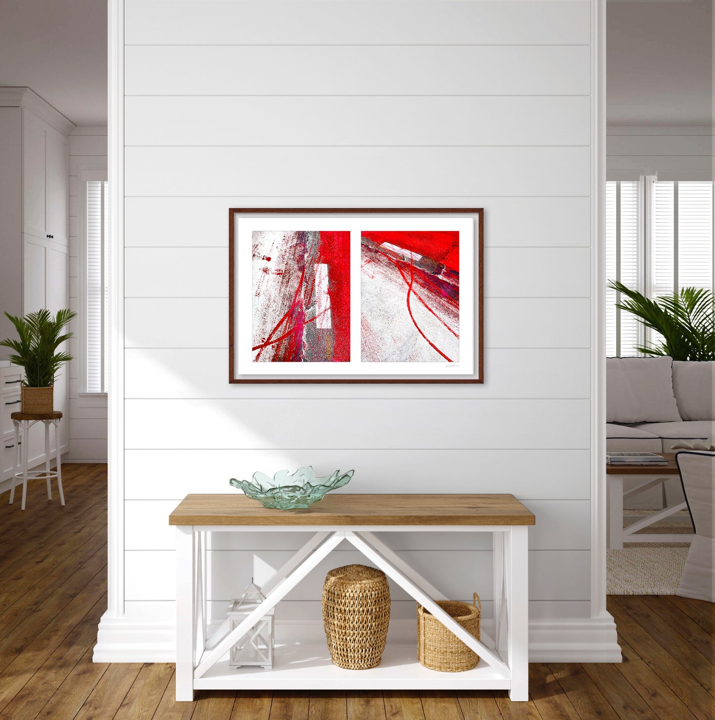 Abstract photograph diptych of red tire tracks and white lines