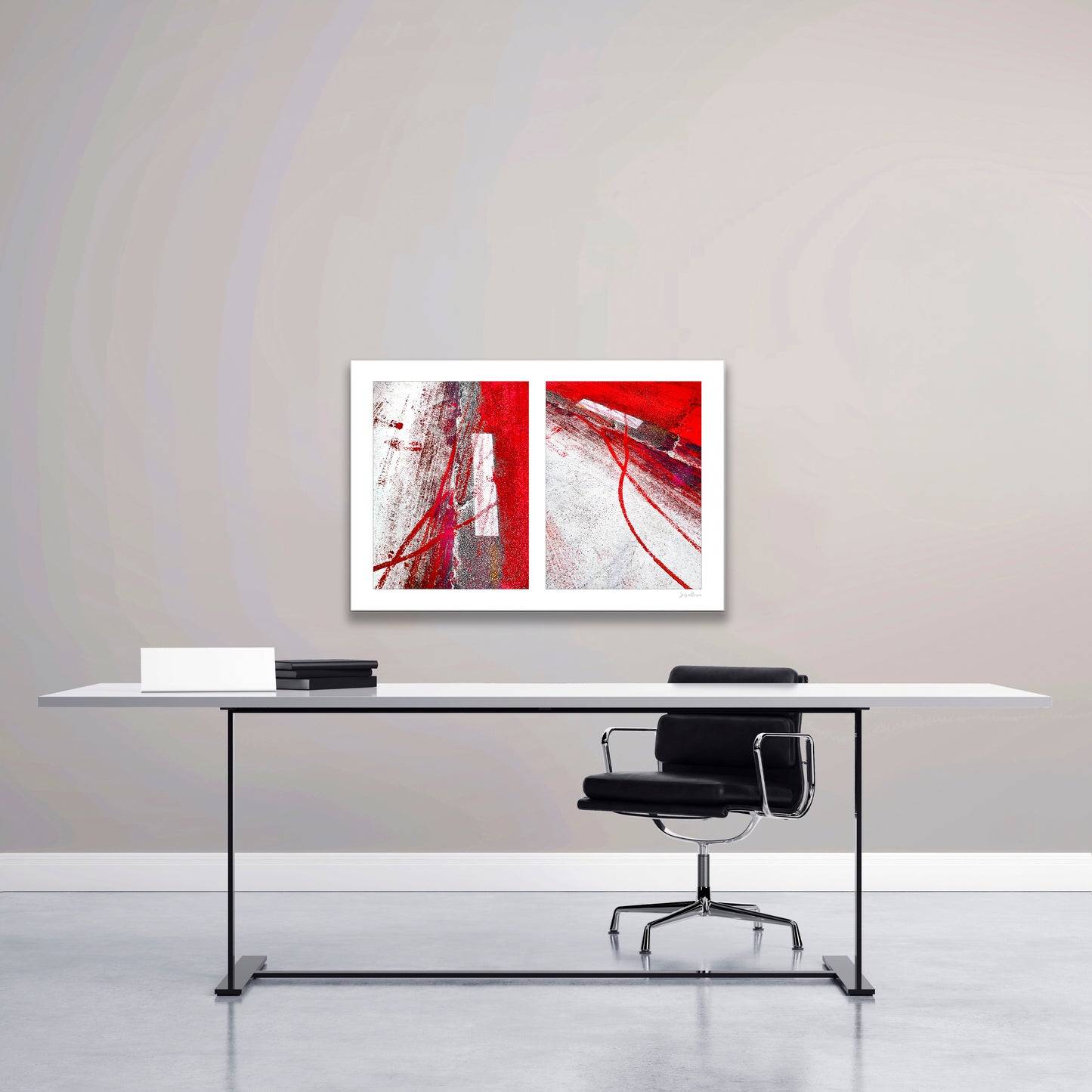 Abstract photograph diptych of red tire tracks and white lines