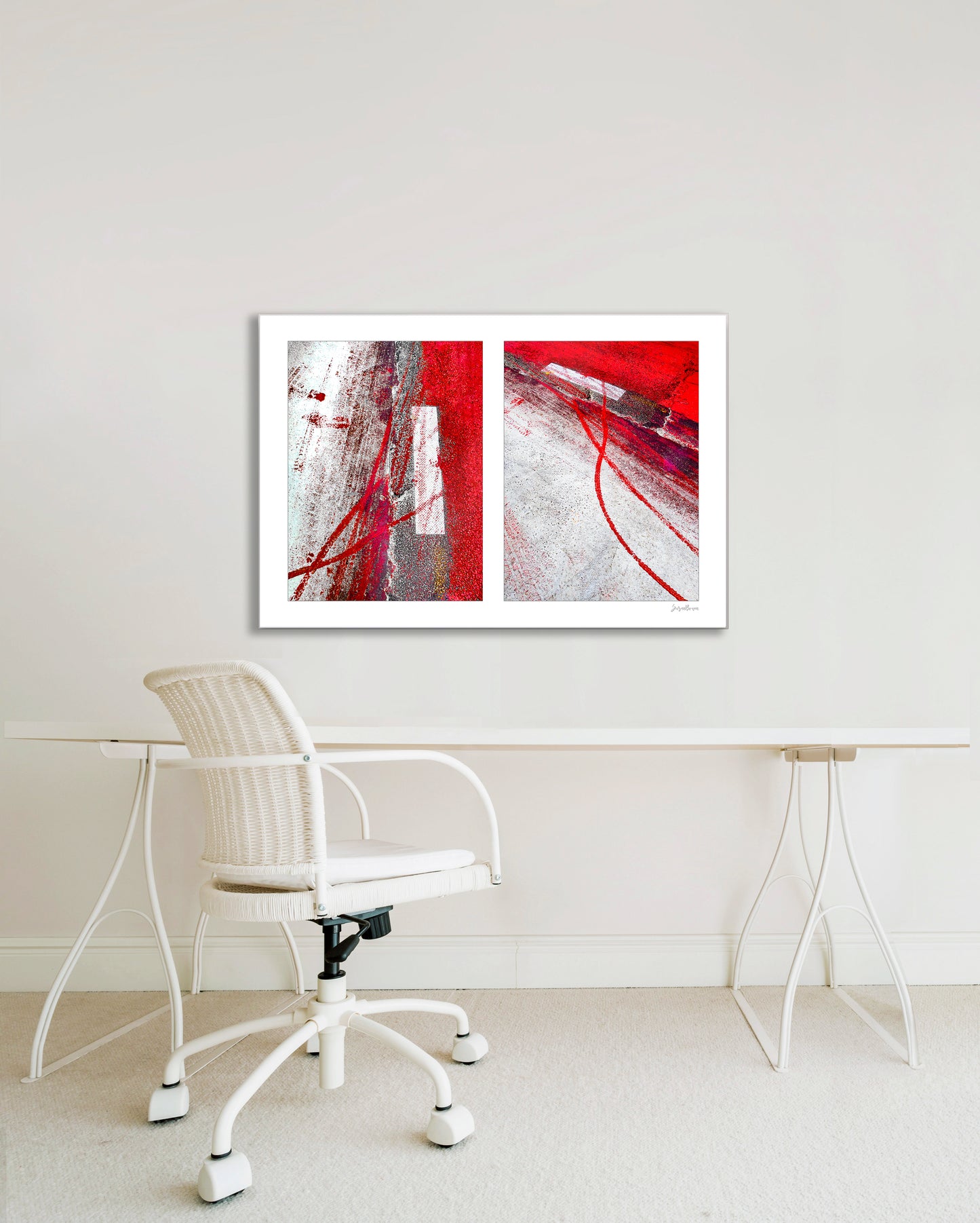 Abstract photograph diptych of red tire tracks and white lines
