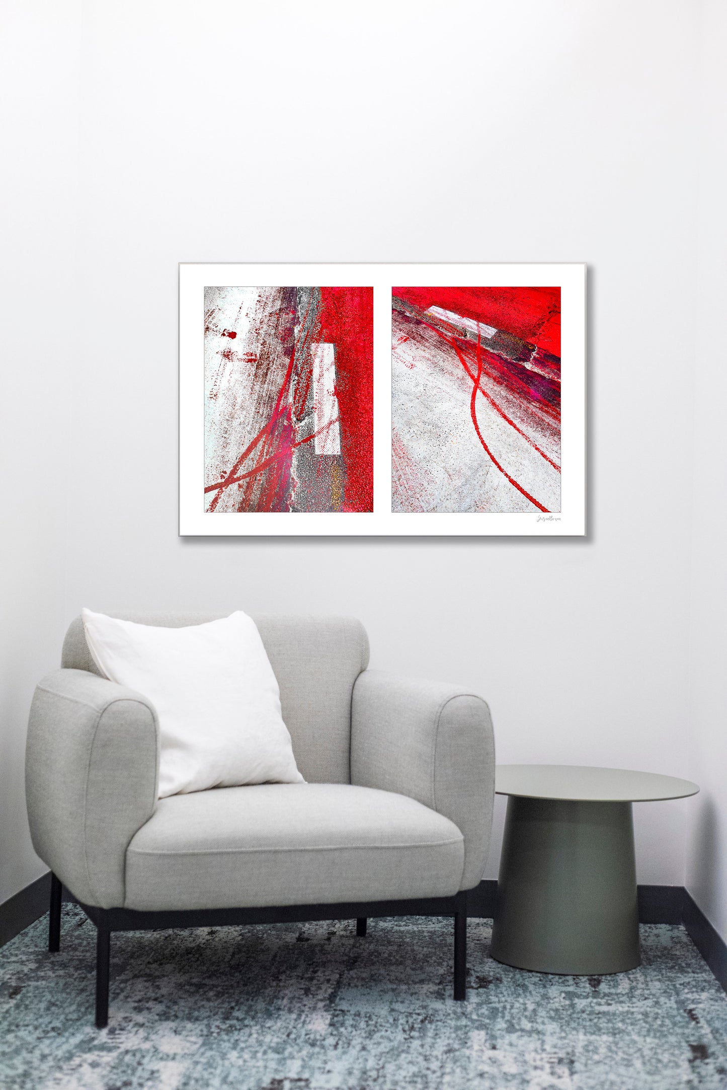 Abstract photograph diptych of red tire tracks and white lines